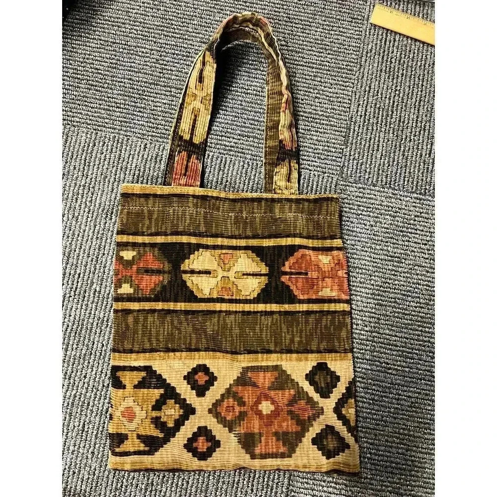 Vintage Ethnic Boho Corduroy Bag with Geometric Pattern in Brown  and Rust Color - Picture 6 of 6